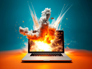 Explosion starts from computer device screen. Launch of new business idea from Laptop. Concept of a successful start up of a business. Education online. Ai Generative illustration