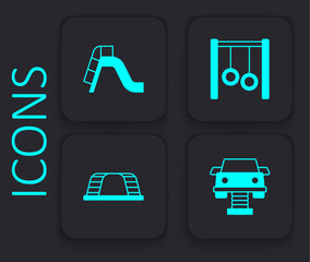 Poster - Set Swing car, Slide playground, Gymnastic rings and Monkey bar icon. Black square button. Vector