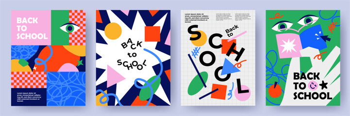 posters or covers set in trendy doodle style with geometric shapes, bold design elements and modern 
