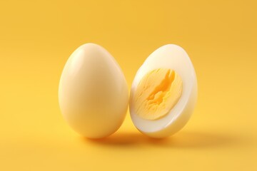 Wall Mural - Soft boiled egg half on a pastel yellow background. AI generated