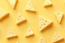 Triangular Pieces Of Cheese On A Pastel Yellow Background. AI Generated