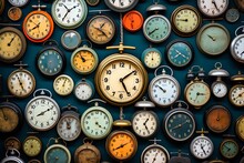 Many Vintage Alarm Clocks In A Random Arrangement, Metal And Classic Clocks With Antique Retro Style, Hours And Minutes On Old Face. Generative AI