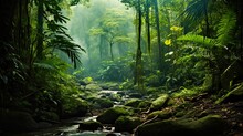Lush Southeast Asian Rainforest: An Idyllic, Green Jungle Landscape With Towering Trees And Exotic Wildlife: Generative AI