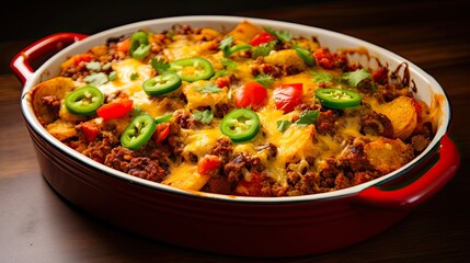 Wall Mural - Mexican Taco Casserole with Spicy Red Pepper and Chili-Onion-Tomato Cookery. Generative AI