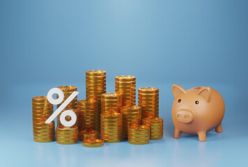 Poster - piggy bank with gold coin stacking 3D render minimal background for business concept financial, banking and investment with money growth success.