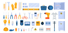 Electricity Tools Set Vector Controlillustration. Cartoon Isolated Electricians Workers Equipment Collection For Electric Power System Inspection, Cable And Safety Gloves, Plug And Socket, Light Bulbs