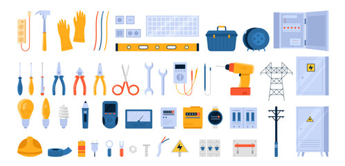 Electricity tools set vector controlillustration. Cartoon isolated electricians workers equipment collection for electric power system inspection, cable and safety gloves, plug and socket, light bulbs