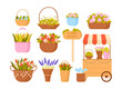 Flower market set vector illustration. Cartoon isolated buckets and wicker baskets with floral bouquets, Flower Market wooden signboard and shop cart with tent, summer and spring plants for gifts