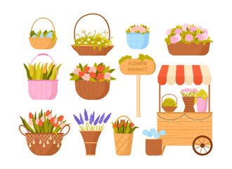 Flower market set vector illustration. Cartoon isolated buckets and wicker baskets with floral bouquets, Flower Market wooden signboard and shop cart with tent, summer and spring plants for gifts