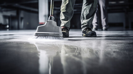 Wall Mural - The worker applies gray epoxy resin to the new floor