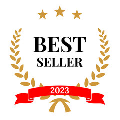 Wall Mural - best seller emblem, badge with wreath of laurel leaves frame, golden star and 2023 text on red ribbo