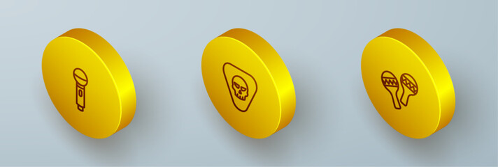 Sticker - Set Isometric line Microphone, Guitar pick and Maracas icon. Vector