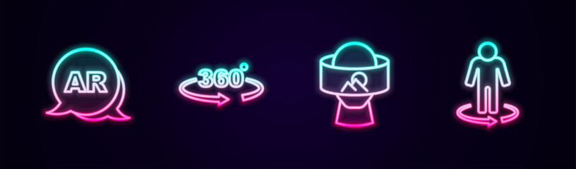 Sticker - Set line Augmented reality AR, 360 degree view, Virtual glasses and 3d modeling. Glowing neon icon. Vector