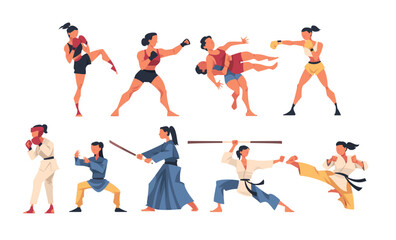 Wall Mural - Different Types of Struggle with Woman Engaged in Martial Arts Vector Set