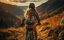 Girl Riding Bicycle In Countryside On Mountain, Close Up Back View Generative Ai