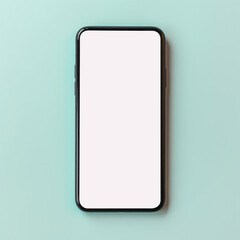 Wall Mural - Top view of black smartphone with white screen on pastel background.