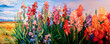 Colorful gladiolus flower field against blue sky in midsummer. Painting generated by artificial intelligence.  
