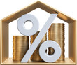 percentage with money coins chart in House, concept saving money for buying a house, investment mortgage finance, and home loan refinance financial plan home loan. 3D rendering
