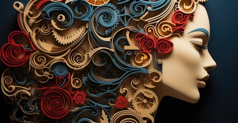 Wall Mural - A woman's head with gears and gears in her hair. Generative AI.
