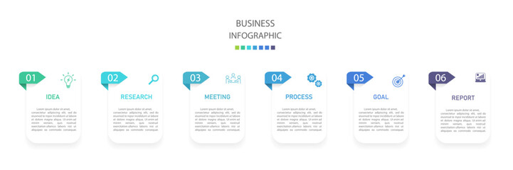 Business infographics line process with template with icons and 6 options or steps.infographics of business,idea,research,meeting,process,goal,report.for infographics design template