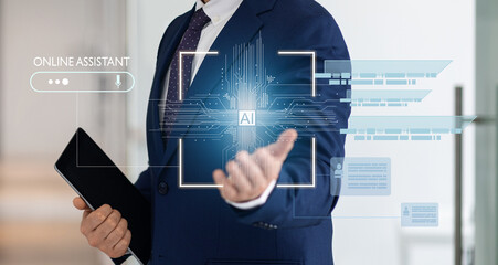 Aufkleber - Cropped of businessman with digital tablet showing AI hologram