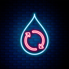 Wall Mural - Glowing neon line Recycle clean aqua icon isolated on brick wall background. Drop of water with sign recycling. Colorful outline concept. Vector