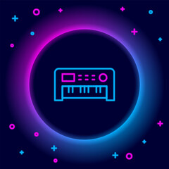 Wall Mural - Glowing neon line Music synthesizer icon isolated on black background. Electronic piano. Colorful outline concept. Vector