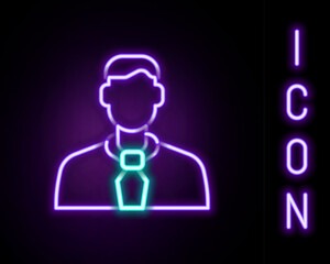 Poster - Glowing neon line Worker icon isolated on black background. Business avatar symbol user profile icon. Male user sign. Colorful outline concept. Vector