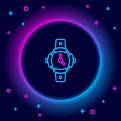 Sticker - Glowing neon line Diving watch icon isolated on black background. Diving underwater equipment. Colorful outline concept. Vector