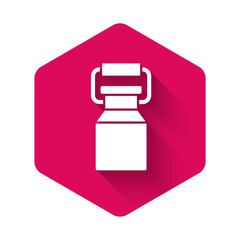 Sticker - White Can container for milk icon isolated with long shadow. Pink hexagon button. Vector