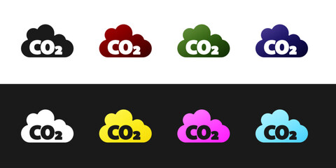 Sticker - Set CO2 emissions in cloud icon isolated on black and white background. Carbon dioxide formula, smog pollution concept, environment concept. Vector