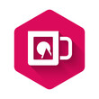 White Coffee cup icon isolated with long shadow. Take away print. Pink hexagon button. Vector