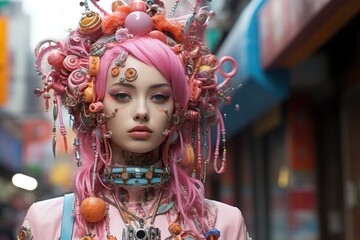 Wall Mural - A woman with pink hair wearing a headdress. Generative AI.