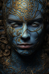 Wall Mural - A close up of a person wearing a blue and gold mask. Generative AI.