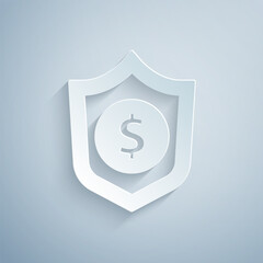 Poster - Paper cut Shield with dollar symbol icon isolated on grey background. Security shield protection. Money security concept. Paper art style. Vector