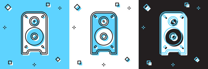 Canvas Print - Set Stereo speaker icon isolated on blue and white, black background. Sound system speakers. Music icon. Musical column speaker bass equipment. Vector