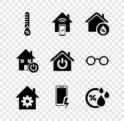 Sticker - Set Humidity, Smart home remote control system, House humidity, settings, Mobile charging battery, and icon. Vector