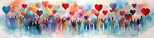 Diverse People With Arms And Hands Raised Towards Hand Painted Hearts. Charity Donation, Volunteer Work, Support, Assistance. Multicultural Community. People Diversity.
