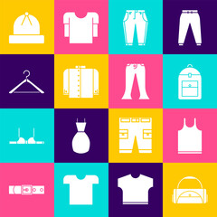 Poster - Set Sport bag, Sleeveless T-shirt, Backpack, Pants, Hanger wardrobe, Winter hat and icon. Vector