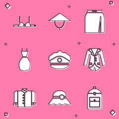 Sticker - Set Bra, Asian conical hat, Skirt, Woman dress, Police cap with cockade, Blazer or jacket, T-shirt and Elegant women icon. Vector