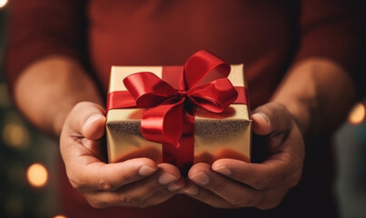 Wall Mural - close up of someone holding a gift box tied with a bow