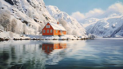 Fischerhütte an einem See in Norwegen. Generative Ai