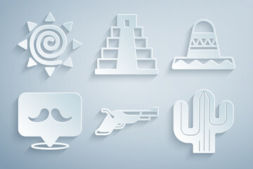 Poster - Set Vintage pistols, Mexican sombrero, Mustache, Cactus, Chichen Itza Mayan and Sun icon. Vector