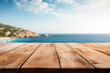 Leinwandbild Motiv Wooden table on the background of the sea, island and the blue sky. High quality photo