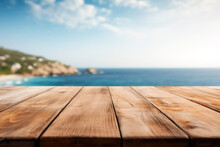 Wooden Table On The Background Of The Sea, Island And The Blue Sky. High Quality Photo