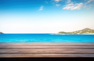 Poster - Wooden table Top And Blur Nature sea and blue sky of the Background. High quality photo