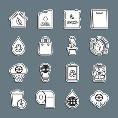 Poster - Set line Acid rain and radioactive cloud, Battery with recycle, Recycle clean aqua, Bio fuel barrel, Shopping bag, Eco friendly house and Electric saving plug pot icon. Vector