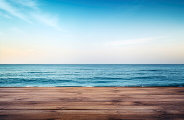 Poster - Empty wooden deck table over sea and blue sky background. For product display. High quality photo