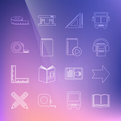 Poster - Set line Open book, Arrow, Audio, Triangular ruler, Book, Roulette construction, Tape measure and icon. Vector