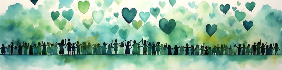 World Children's Day: Watercolor Illustration of Children Holding Hands with Flying Green Hearts in the Sky